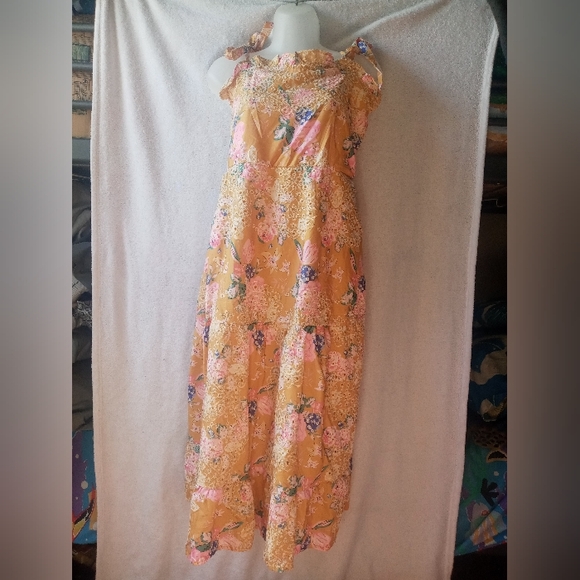 Floral Tie-Shoulder Sundress in Mustard and Pink - Picture 2 of 8